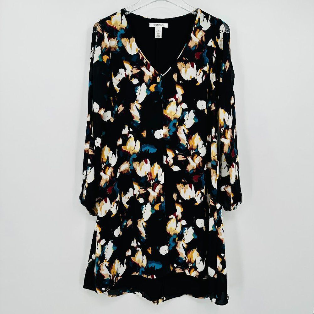 WHBM Size 0 Black Long Sleeve Abstract Floral V Neck Mini Shift Dress